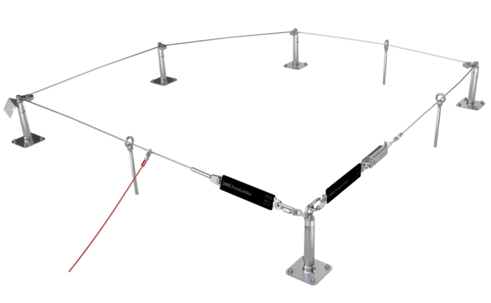 Grafik einer nicht überfahrbaren Anschlageinrichtung, deren Seil mit eines Spannelement gestrafft wird.