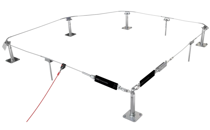 Grafik eines überfahrbaren Seilsicherungssystems für Höhenarbeiter an Absturzkanten.